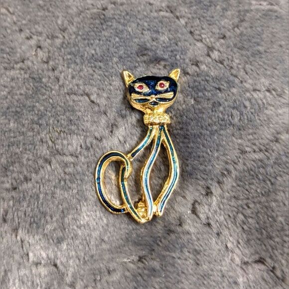 Vintage 80's Enamel and Goldtone Cat Brooche - Picture 1 of 9